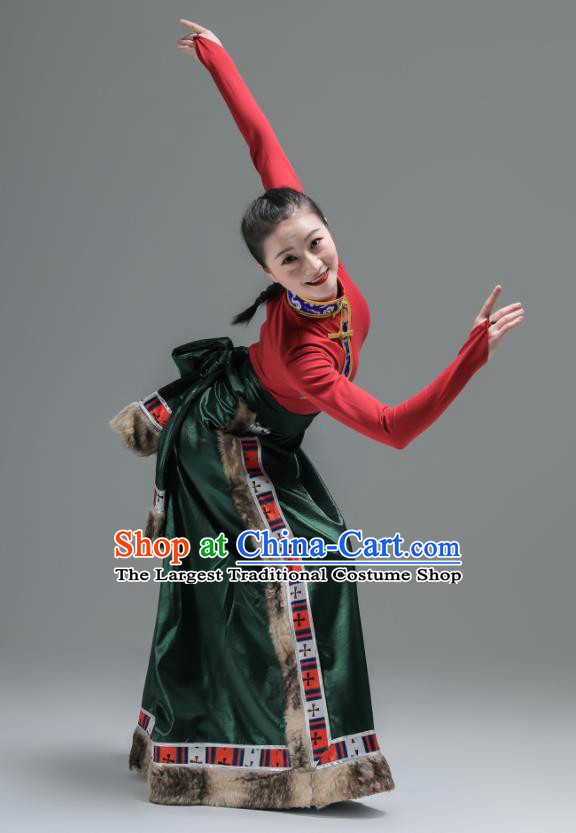 Chinese Tibetan Minority Performance Green Dress Outfits Zang Nationality Clothing Folk Dance Costume Ethnic Woman Garments