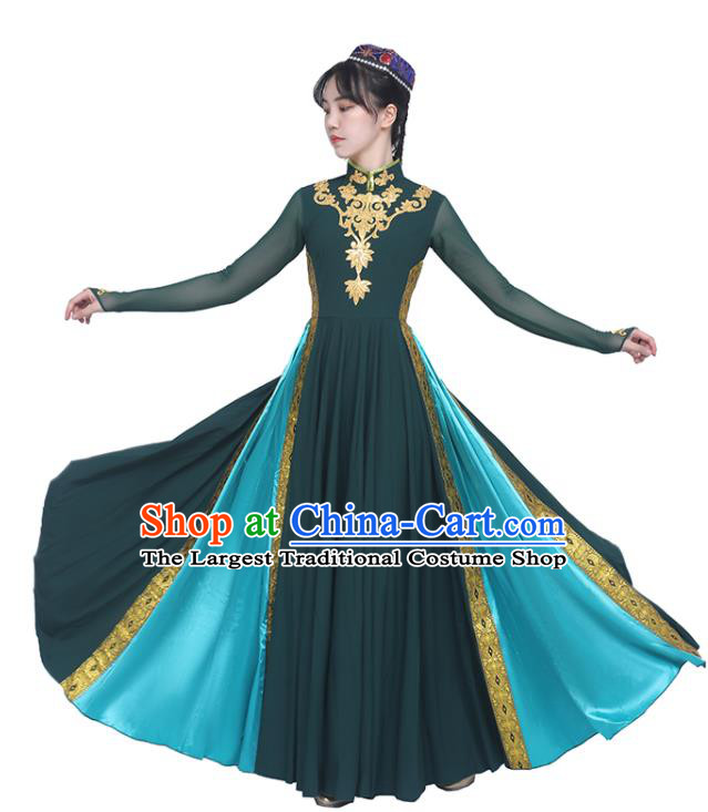 Chinese Uighur Minority Atrovirens Dress Ethnic Woman Dance Outfits Uyghur Nationality Dance Clothing Xinjiang Stage Performance Garment Costumes