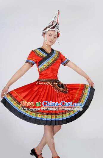 Chinese She Minority Folk Dance Red Dress Ethnic Woman Outfits Yao Nationality Clothing Sichuan Festival Dance Garments