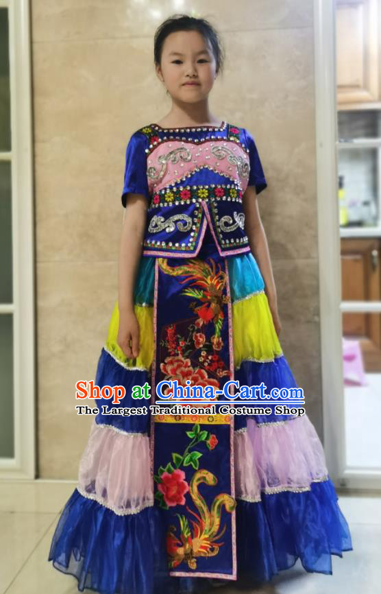 China Yi Minority Children Blue Dress Uniforms Qiang Nationality Girl Performance Apparels Xiangxi Ethnic Folk Dance Costumes