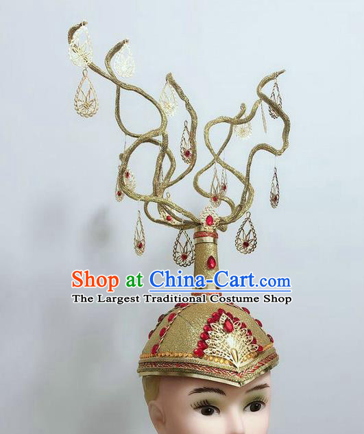 China Mongolian Ethnic Performance Headdress Mongol Nationality Dance Hair Accessories Minority Folk Dance Golden Hat