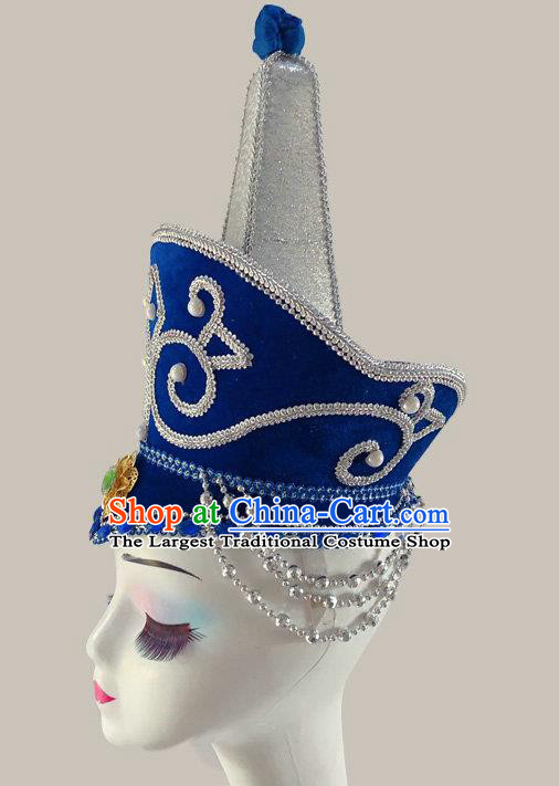 China Mongolian Ethnic Performance Blue Hat Mongolian Nationality Folk Dance Headdress Minority Dance Headwear