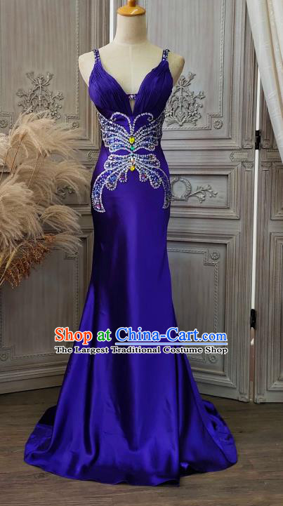 Top Annual Meeting Dance Formal Attire Wedding Embroidery Diamante Royalblue Full Dress Compere Performance Clothing European Court Garment Costume