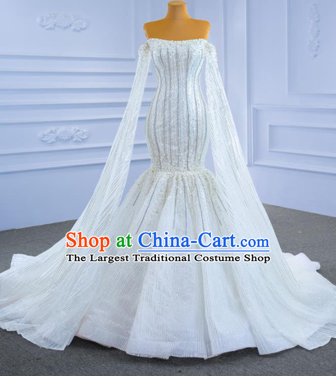 Custom Luxury Bridal Gown Embroidery Beads Wedding Dress Ceremony Formal Garment Bride White Trailing Dress Stage Performance Costume