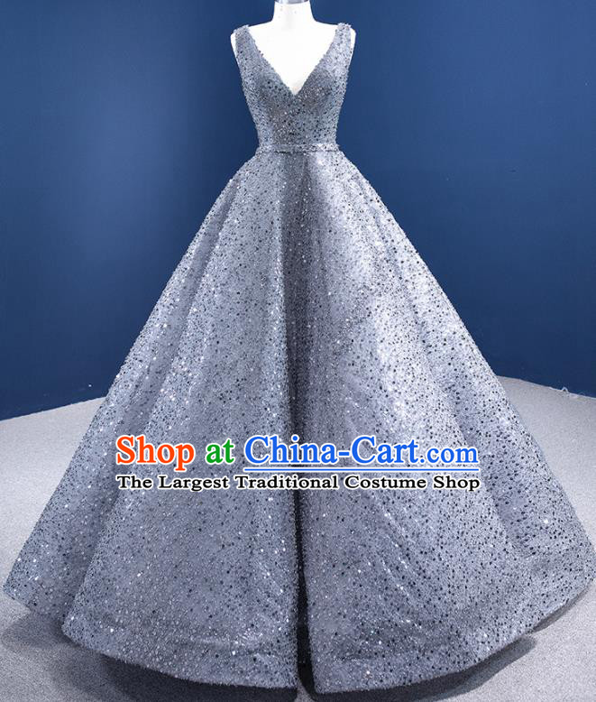 Custom Stage Show Costume Luxury Compere Clothing Vintage Grey Sequins Wedding Dress Ceremony Formal Garment Bride Full Dress