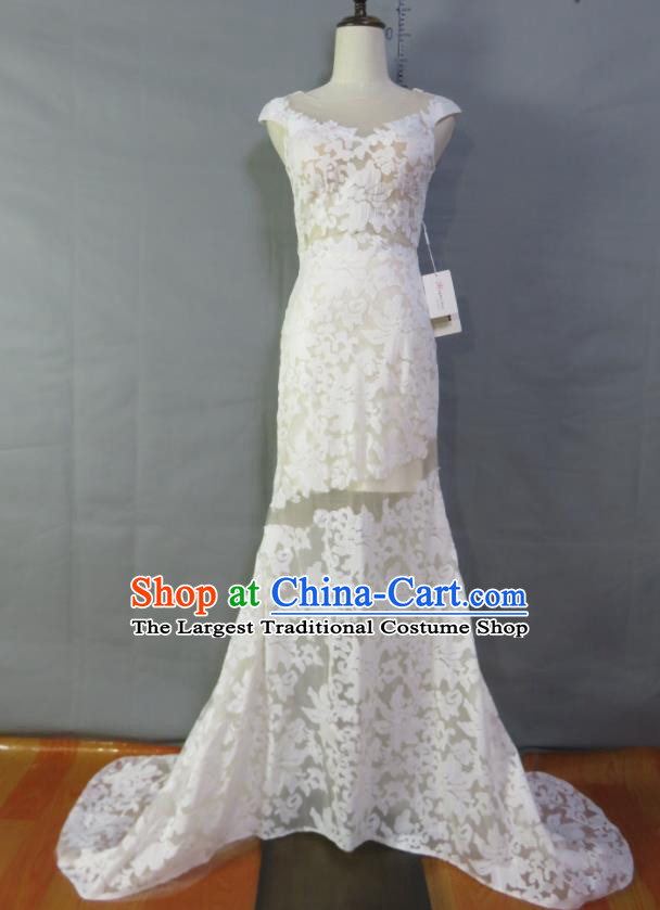 Custom Modern Dance Fashion Costume Bride Luxury Trailing Full Dress Photography Clothing Embroidery White Lace Wedding Dress