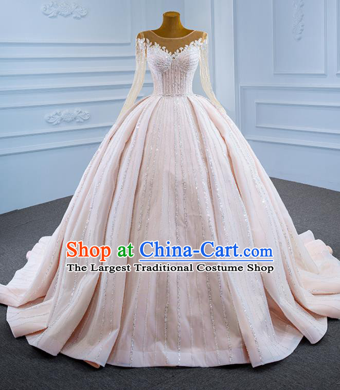 Custom Compere Vintage Clothing Luxury Wedding Dress Ceremony Embroidery Sequins Garment Marriage Bride Light Pink Trailing Full Dress Catwalks Formal Costume
