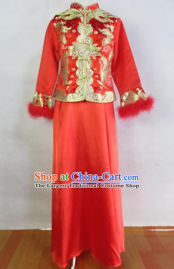China Traditional Wedding Garment Costumes Classical Red Brocade Cheongsam Embroidery Xiuhe Suits Ancient Toasting Clothing Bride Dress