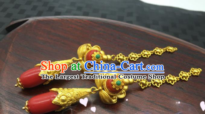 Chinese Classical Dance Ear Accessories Traditional Tibetan Nationality Golden Earrings Zang Minority Wedding Ear Jewelry