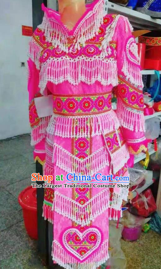 China Miao Nationality Folk Dance Costumes Yunnan Ethnic Wedding Clothing Traditional Hmong Bride Pink Dress Outfits Guizhou Minority Garments