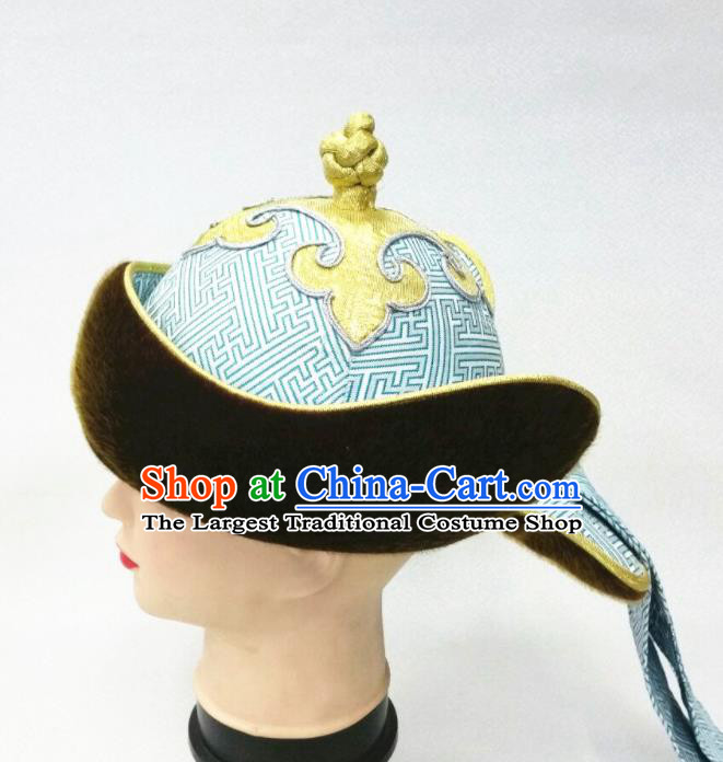 China Ancient Yuan Dynasty King Headwear Handmade Male Light Blue Satin Hat Mongolian Nationality Wedding Headdress