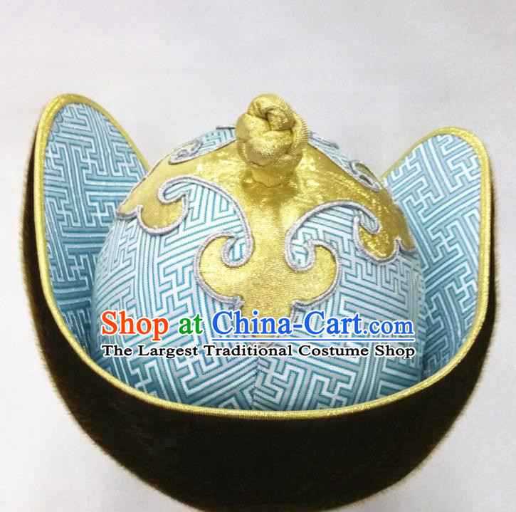 China Ancient Yuan Dynasty King Headwear Handmade Male Light Blue Satin Hat Mongolian Nationality Wedding Headdress