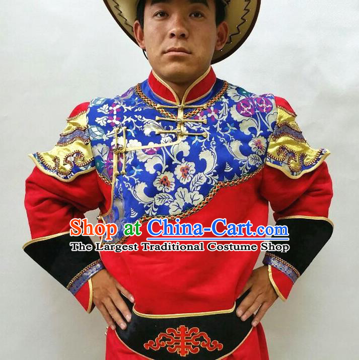 Chinese Ethnic Festival Performance Costume Mongol Nationality Folk Dance Clothing Traditional Bridegroom Red Mongolian Robe