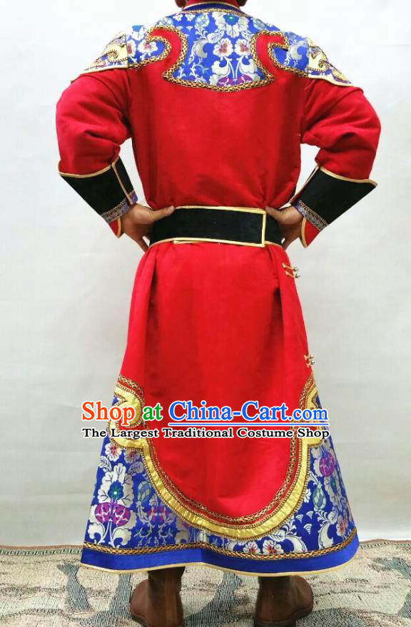 Chinese Ethnic Festival Performance Costume Mongol Nationality Folk Dance Clothing Traditional Bridegroom Red Mongolian Robe