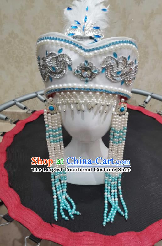 China Handmade Princess Beads Tassel White Hat Mongolian Nationality Girl Performance Headdress Mongol Nationality Children Headwear