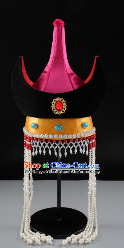 China Mongol Nationality Performance Headwear Handmade Ethnic Festival Rosy Satin Bull Horn Hat Mongolian Nationality Female Hair Accessories