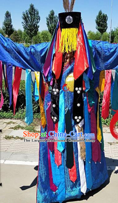 Chinese Mongol Minority Religious Rites Apparels Ethnic Fiesta Ceremonial Clothing Traditional Shaman Wizard Blue Robe and Headdress