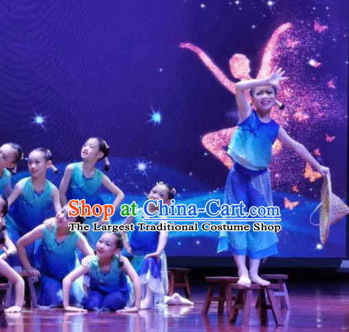 Chinese Children Day Performance Blue Outfits Stage Performance Garments Kids Yangko Dance Costume Fan Dance Clothing