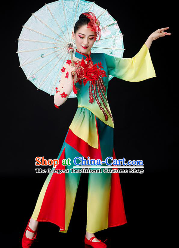 Chinese Yangko Dance Green Outfits Folk Dance Costumes Traditional Umbrella Dance Apparels Women Group Performance Clothing