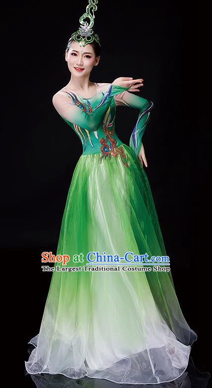 China Woman Group Dancewear Classical Dance Clothing Umbrella Dance Garment Costumes Fan Dance Green Dress