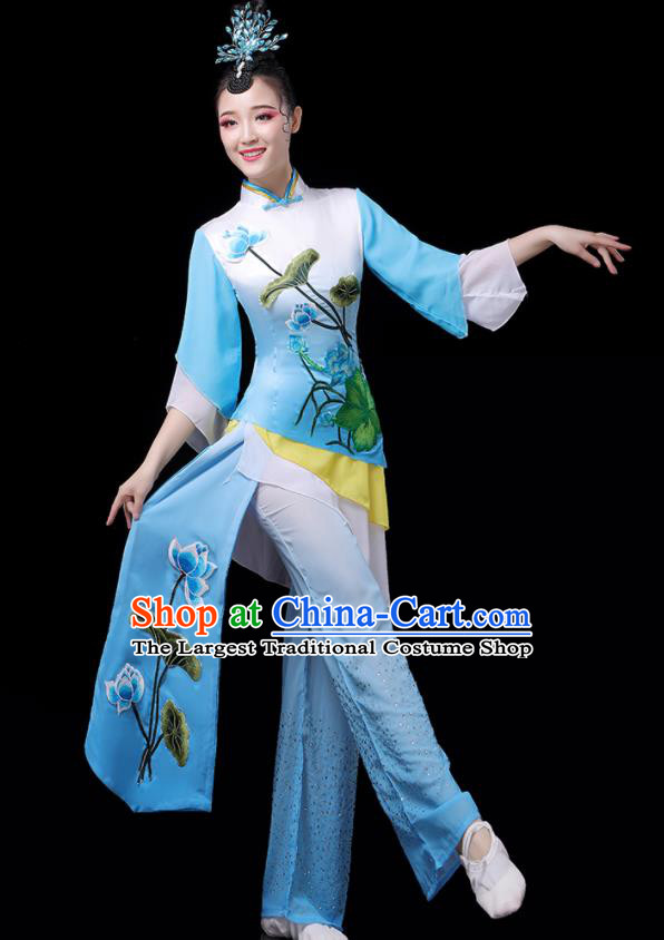 Chinese Women Group Performance Clothing Yangko Dance Blue Outfits Folk Dance Costumes Traditional Lotus Dance Apparels