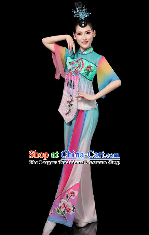 Chinese Folk Dance Clothing Traditional Fan Dance Blue Outfits Waist Drum Dance Costumes Yangko Performance Apparels