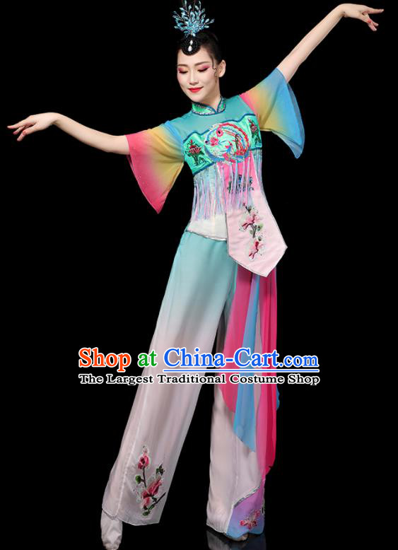 Chinese Folk Dance Clothing Traditional Fan Dance Blue Outfits Waist Drum Dance Costumes Yangko Performance Apparels