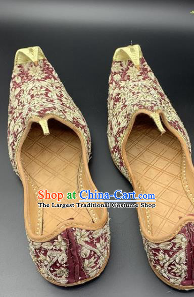 Handmade Asian Bridegroom Shoes Indian Dance Wine Red Leather Shoes Wedding Male Shoes India Folk Dance Shoes