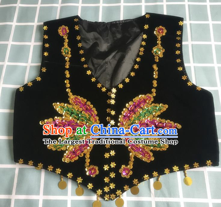 Chinese Uyghur Minority Dance Waistcoat Clothing Ethnic Woman Dancewear Uighur Nationality Woman Black Embroidered Vest