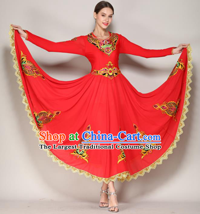 Chinese Xinjiang Minority Woman Dancewear Uyghur Ethnic Performance Clothing Uighur Nationality Folk Dance Red Dress