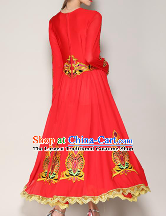 Chinese Xinjiang Minority Woman Dancewear Uyghur Ethnic Performance Clothing Uighur Nationality Folk Dance Red Dress
