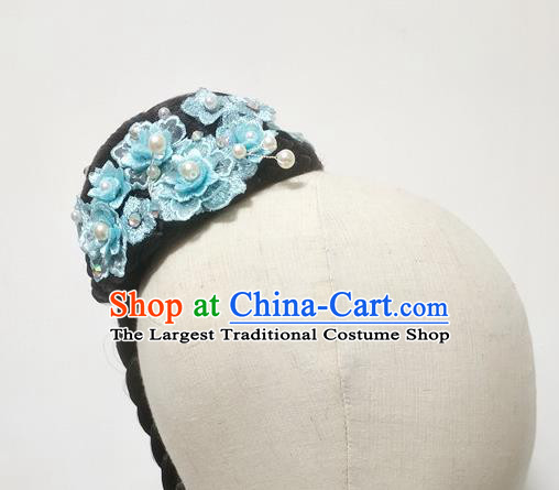 Chinese Stage Performance Blue Flowers Hairpieces Traditional Umbrella Dance Wigs Chignon Classical Dance Hair Accessories Women Dance Headdress