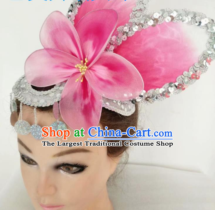 China Stage Performance Hair Accessories Modern Dance Headpiece Opening Dance Pink Peach Blossom Hair Crown Women Group Dance Hat