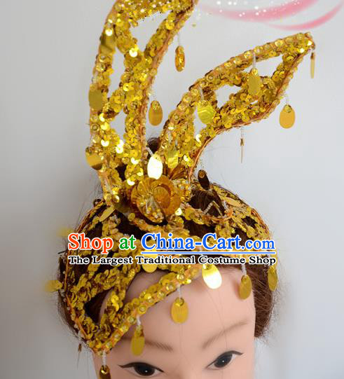 China Yunnan Ethnic Peacock Dance Golden Sequins Hair Crown Dai Nationality Dance Hair Accessories Folk Dance Hat