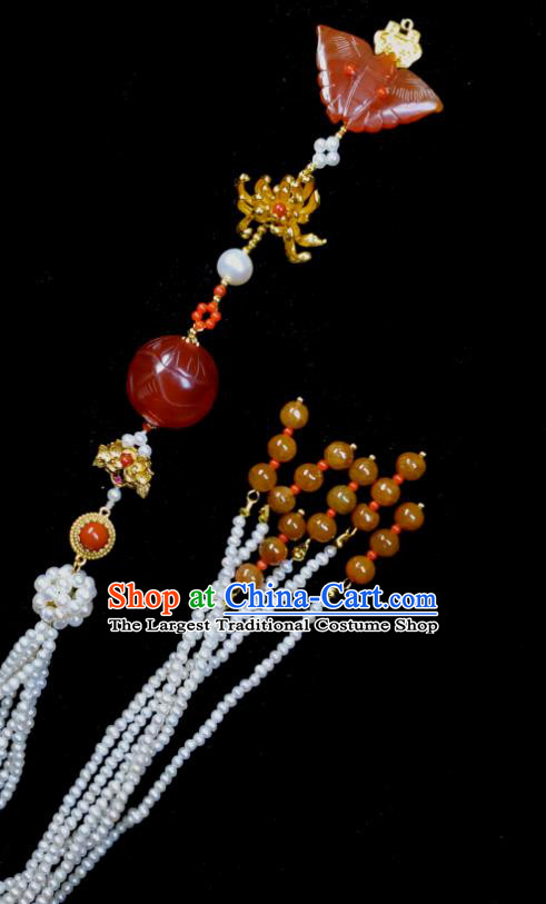 Chinese Ancient Empress Beads Tassel Brooch Traditional Agate Butterfly Pendant Qing Dynasty Court Woman Pearls Jewelry