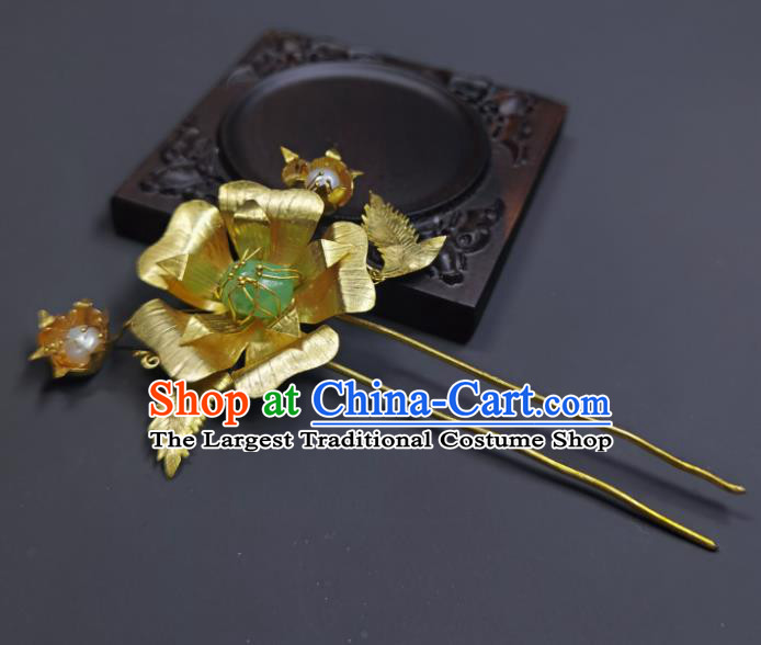 Chinese Ancient Imperial Consort Golden Peony Hairpin Traditional Qipao Dress Hair Accessories Handmade Qing Dynasty Court Woman Hair Stick