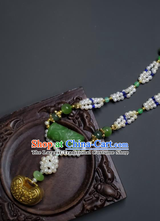 China Handmade Golden Longevity Lock Jewelry Ancient Imperial Consort Jade Necklace Accessories Qing Dynasty Empress Pearls Necklet