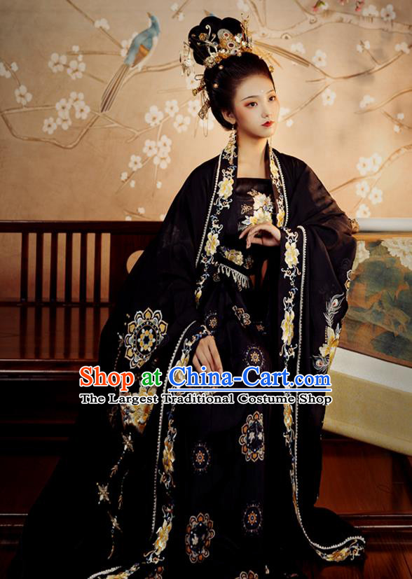 China Ancient Empress Garment Costumes Traditional Embroidery Black Hanfu Dress Tang Dynasty Court Countess Historical Clothing