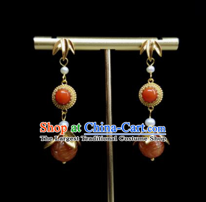 Handmade Chinese National Agate Carving Earrings Traditional Ear Jewelry Qing Dynasty Golden Bamboo Leaf Eardrop Cheongsam Ear Accessories