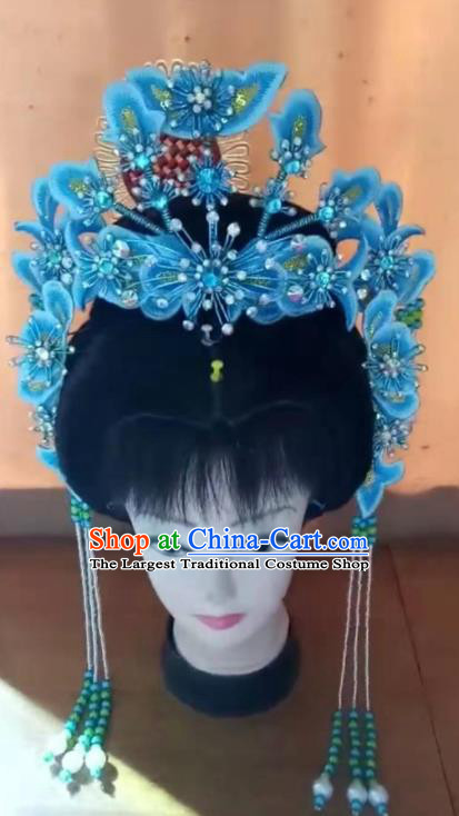 Chinese Beijing Opera Actress Blue Flowers Hair Crown Peking Opera Diva Phoenix Coronet Headdress Ancient Princess Hair Accessories