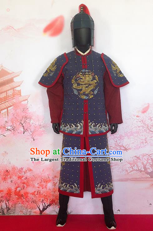 China Ancient Military Officer Garment Costumes Traditional Warrior Shogun Clothing Ming Dynasty General Blue Armor Uniforms and Helmet
