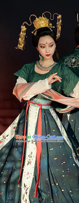 China Traditional Tang Dynasty Court Lady Historical Clothing Ancient Court Princess Green Hanfu Dress Garments