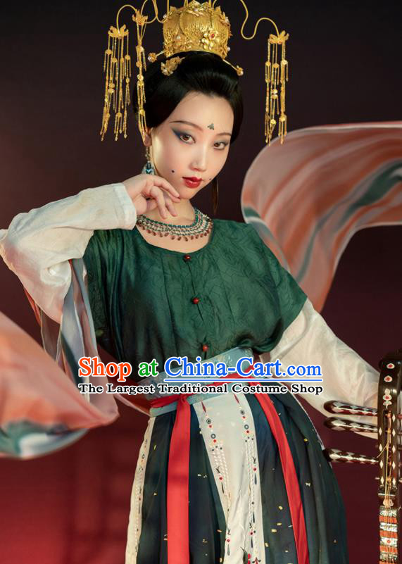 China Traditional Tang Dynasty Court Lady Historical Clothing Ancient Court Princess Green Hanfu Dress Garments