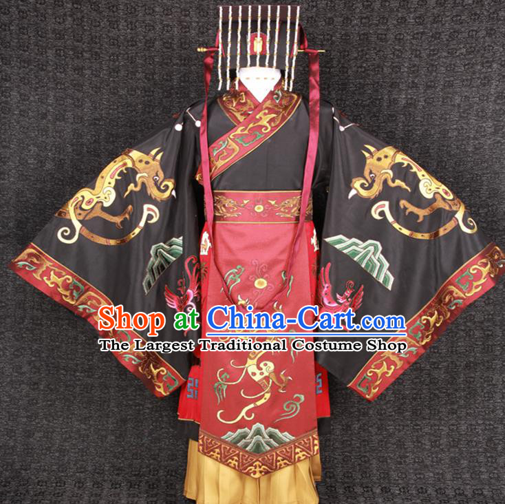China Ancient Royal King Garment Costumes Traditional Embroidered Imperial Robe Clothing Han Dynasty Emperor Uniforms and Hair Accessories