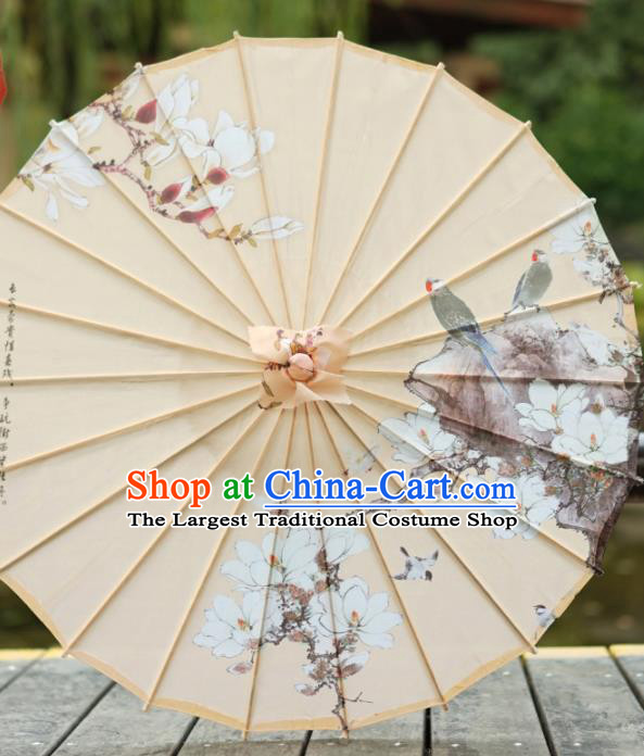 Chinese Traditional Hanfu Prop Painting Mangnolia Umbrella Classical Dance Umbrellas Handmade Beige Silk Umbrella