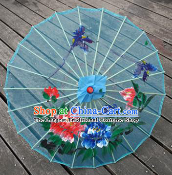 Chinese Traditional Hanfu Bumbershoot Prop Hand Painting Peony Umbrella Classical Dance Umbrellas Blue Silk Umbrella