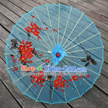 Chinese Blue Silk Umbrella Traditional Hanfu Bumbershoot Prop Hand Painting Plum Blossom Umbrella Classical Dance Umbrellas