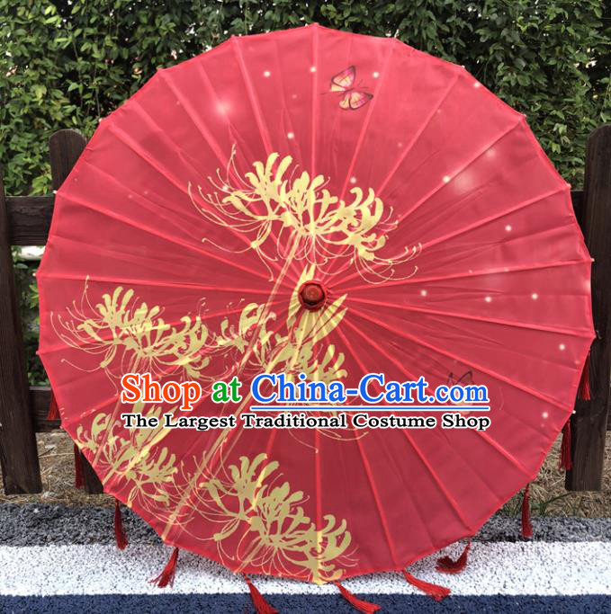 Chinese Printing Manjusaka Red Silk Umbrella Classical Dance Umbrellas Stage Performance Umbrella Traditional Wedding Bumbershoot Classical Dance Prop