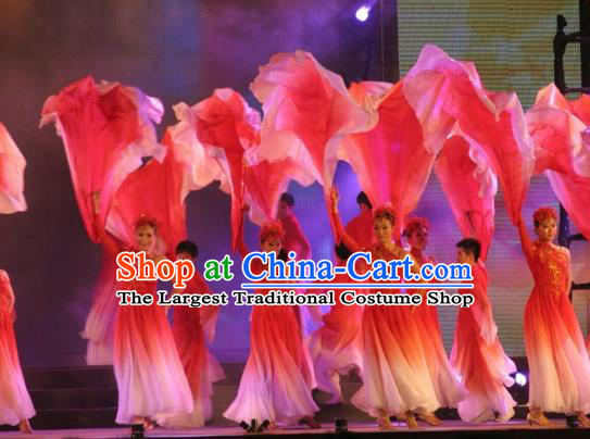Chinese Spring Festival Gala Opening Dance Silk Fans Folk Dance Fan Yangko Dance Pink Ribbon Fan Group Peony Dance Prop Fan