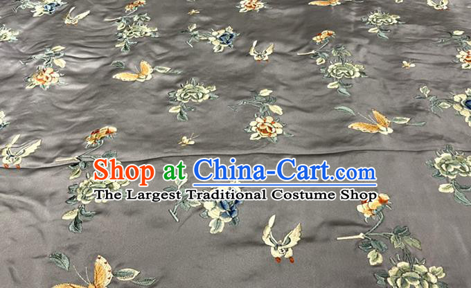 Chinese Classical Butterfly Flowers Pattern Fabric Qipao Dress Cloth Material Traditional Grey Satin Tang Suit Silk Drapery
